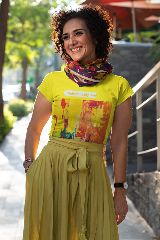 "Subscribe My Soul" – Bold Yellow Abstract Women’s Tee