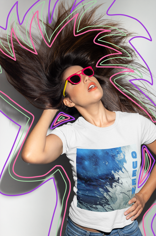 "Queen" – Blue Abstract Art Tee for Women